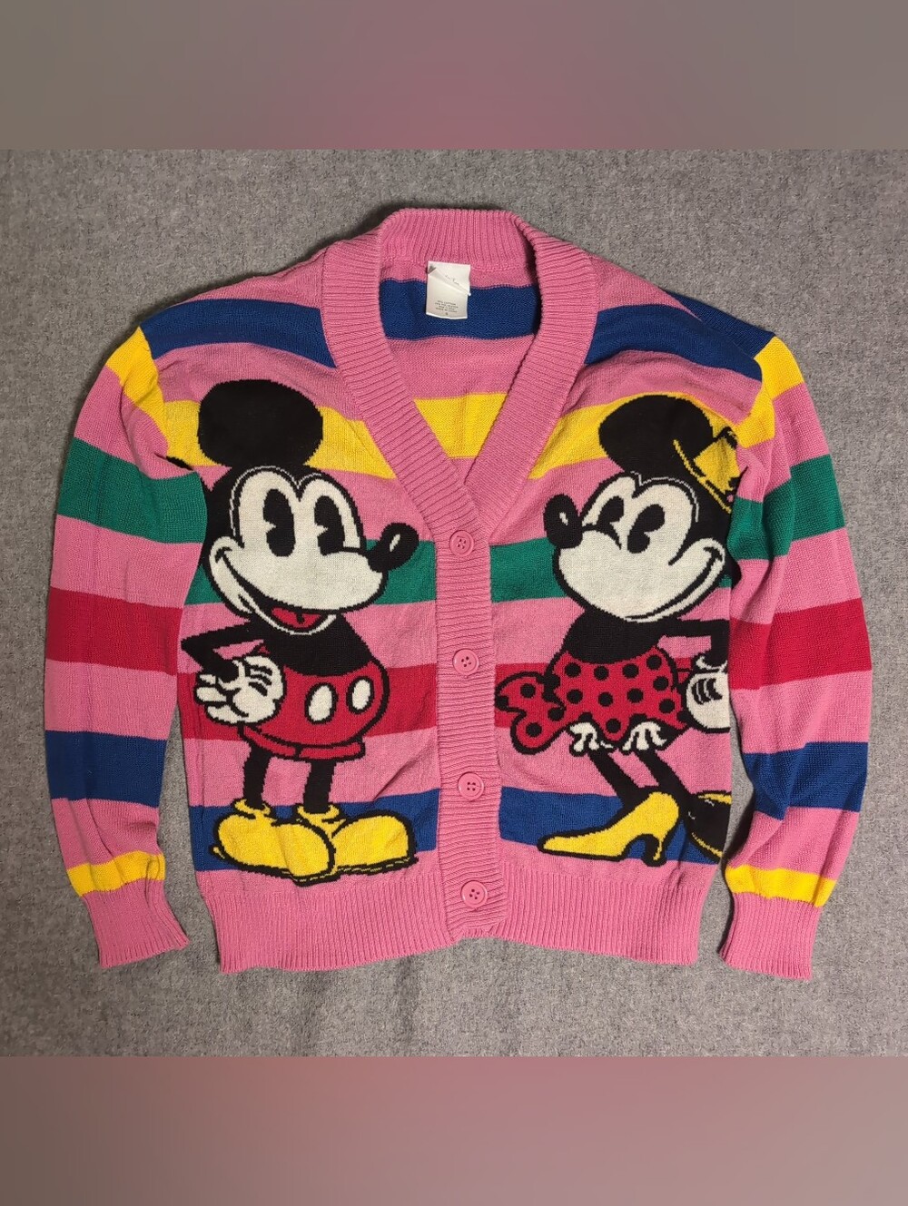 Disney 100 Mickey Minnie Mouse Rainbow Striped Knit Cardigan Sweater Small